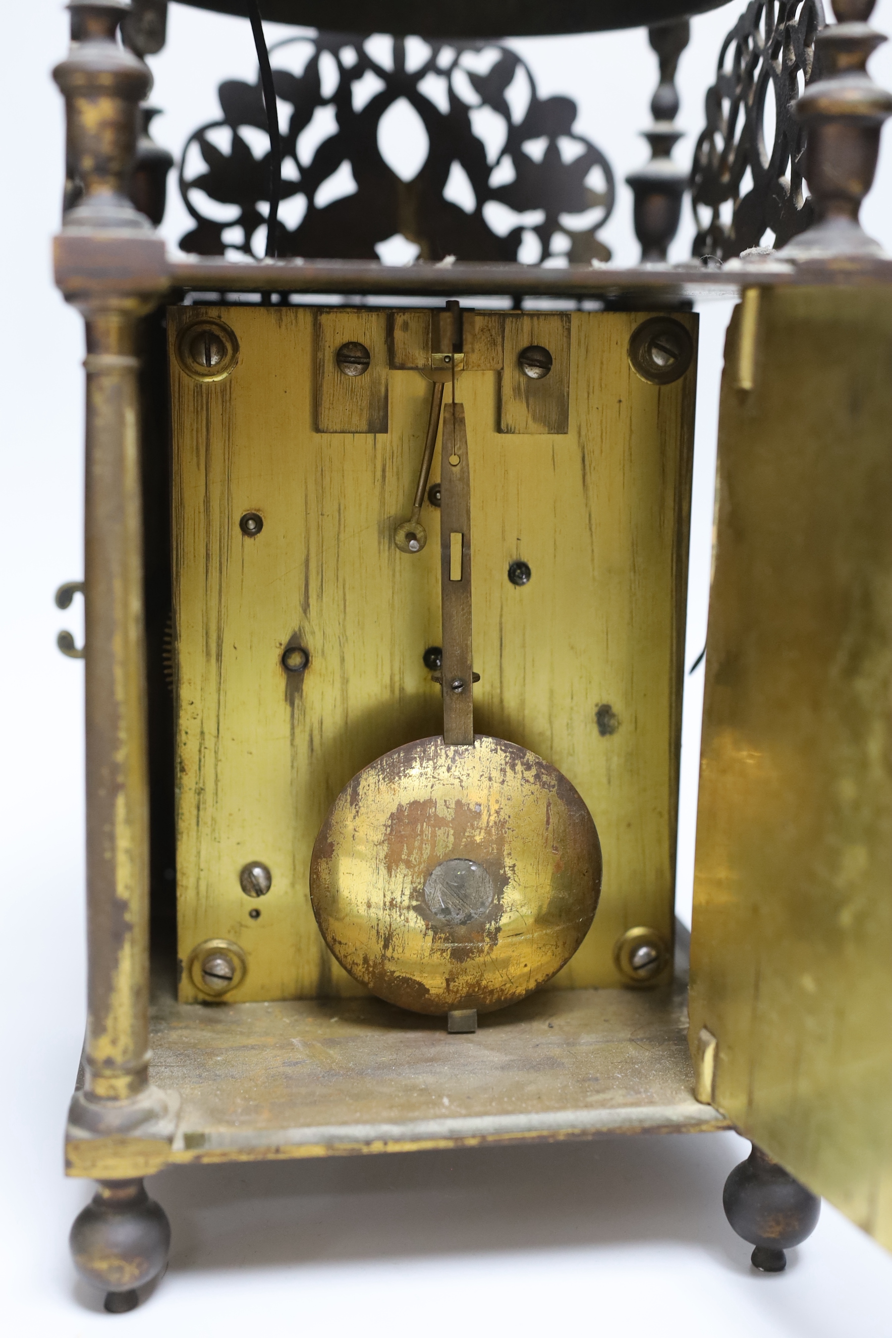 A 16th century and later brass lantern clock by John Wise, later fusee movement, 39cm